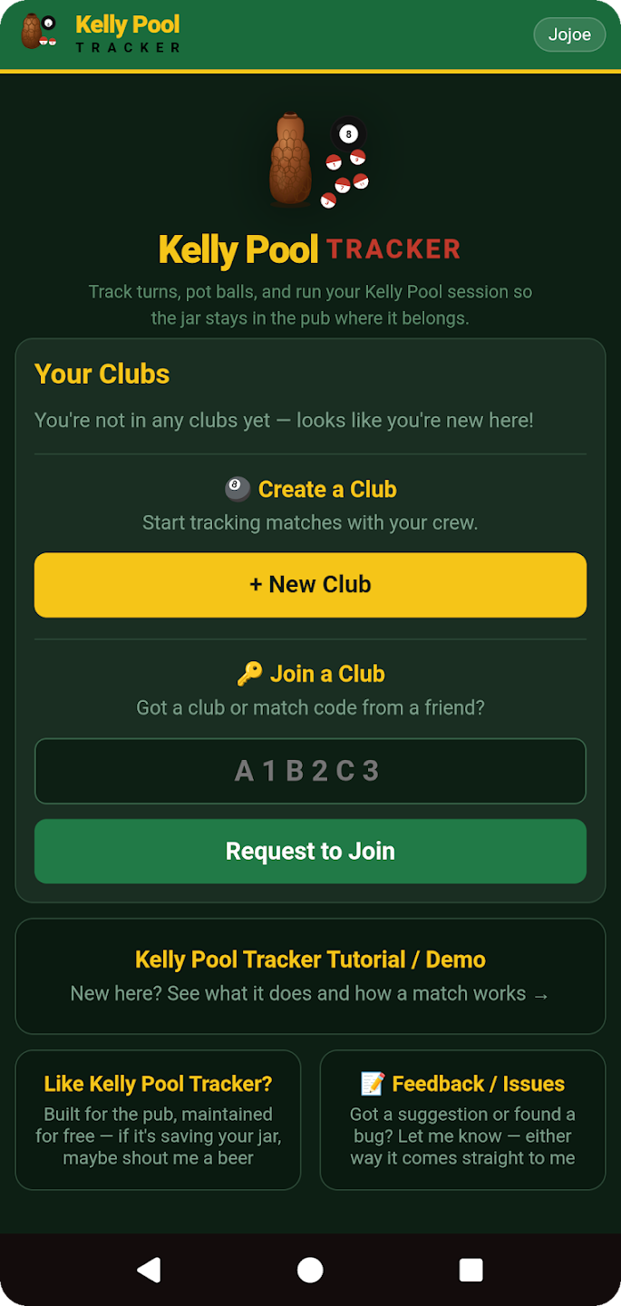 Home screen — Your Clubs, Create a Club, Join a Club